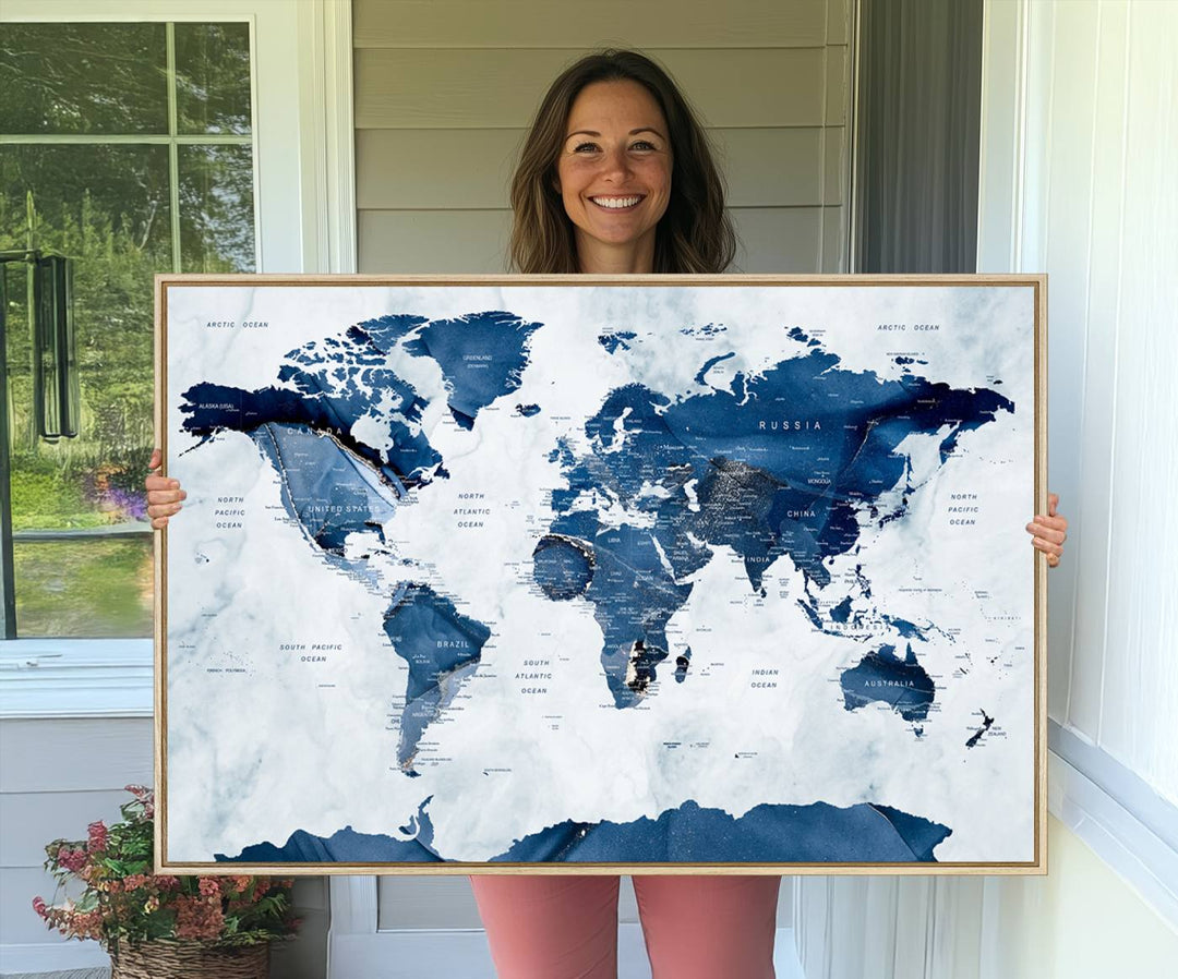 Navy Blue World Map with Antarctica Canvas: A perfect abstract home decor piece featuring a grunge-stained background.