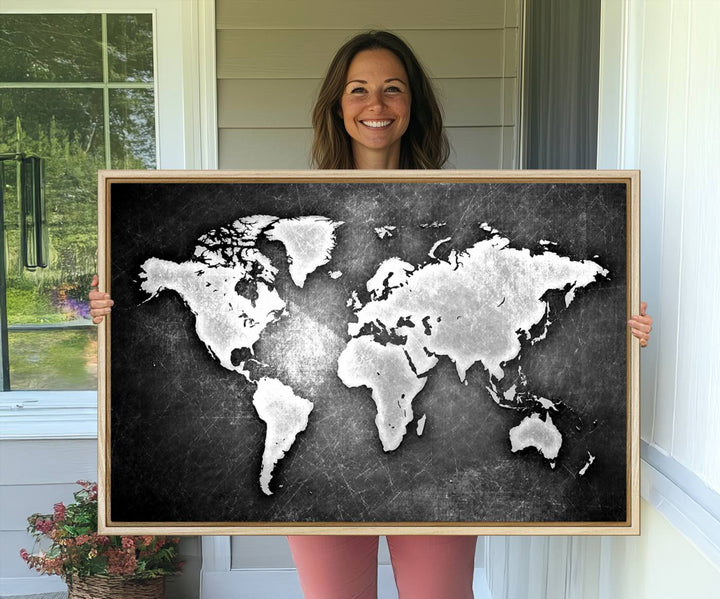 Black & White 3-Panel Framed World Map Canvas Art with Grunge Design.