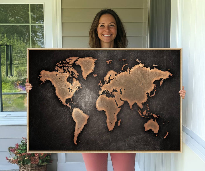 Maroon World Map Wall Art: Copper continents on a grunge-stained canvas, ideal for enhancing your decor.