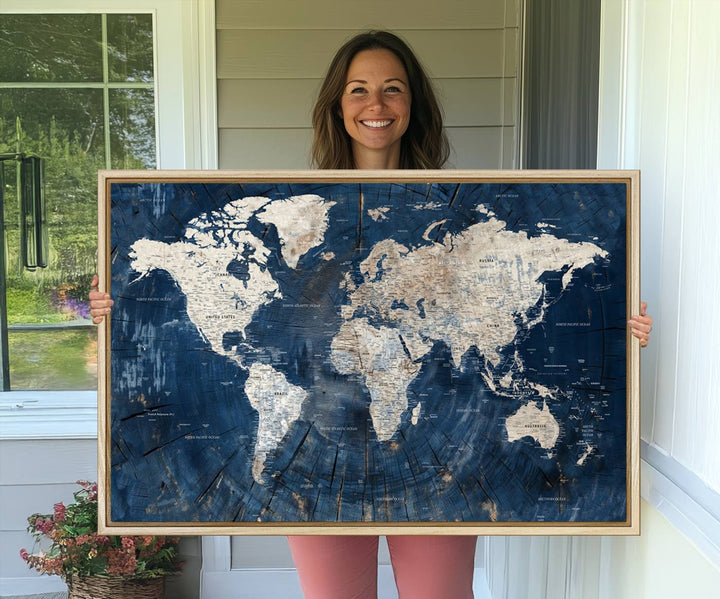 Rustic World Map Wall Art Canvas: Features a vintage blue design with a wood texture, highlighting continents in light hues.