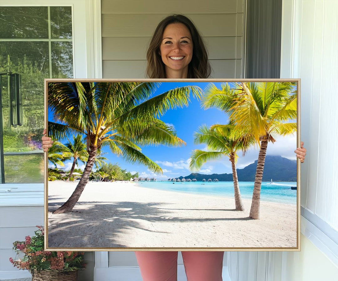 Blue Beach and Sea Wall Art Canvas Print: showcases a tropical scene with palm trees, white sand, and turquoise water.