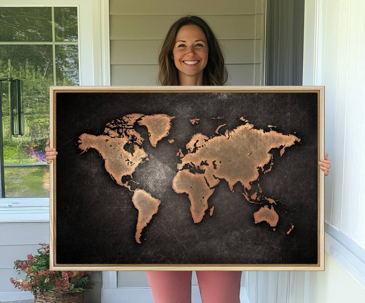 The Modern World Map on a metallic black canvas creates a striking effect.