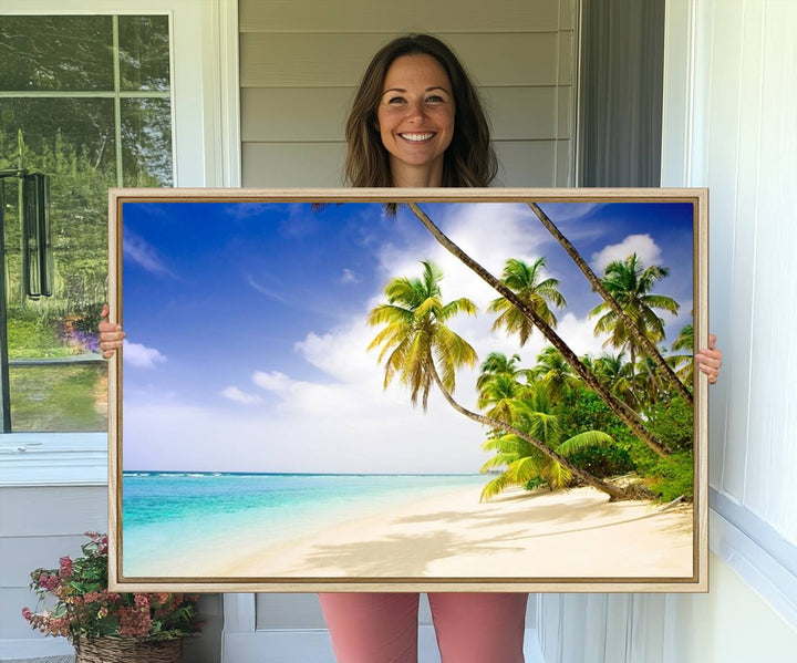 Tropical Beach Canvas: Palm Trees & White Sand Shore Decor, Vibrant Coastal Print, Ready to Hang.