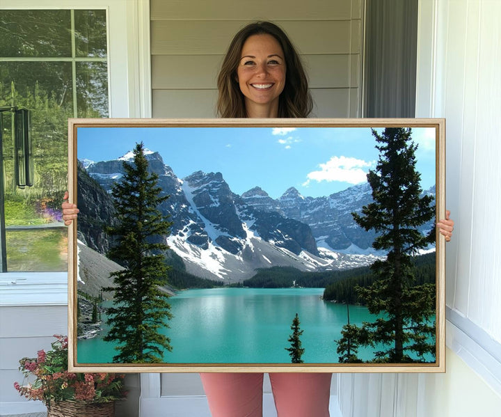 Canadian Rockies Moraine Lake Landscape Canvas Print showcasing a turquoise lake and mountain view.