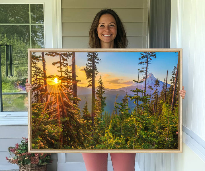 The kitchen features a Red Leaves on Trees landscape canvas print, perfect for nature lovers.