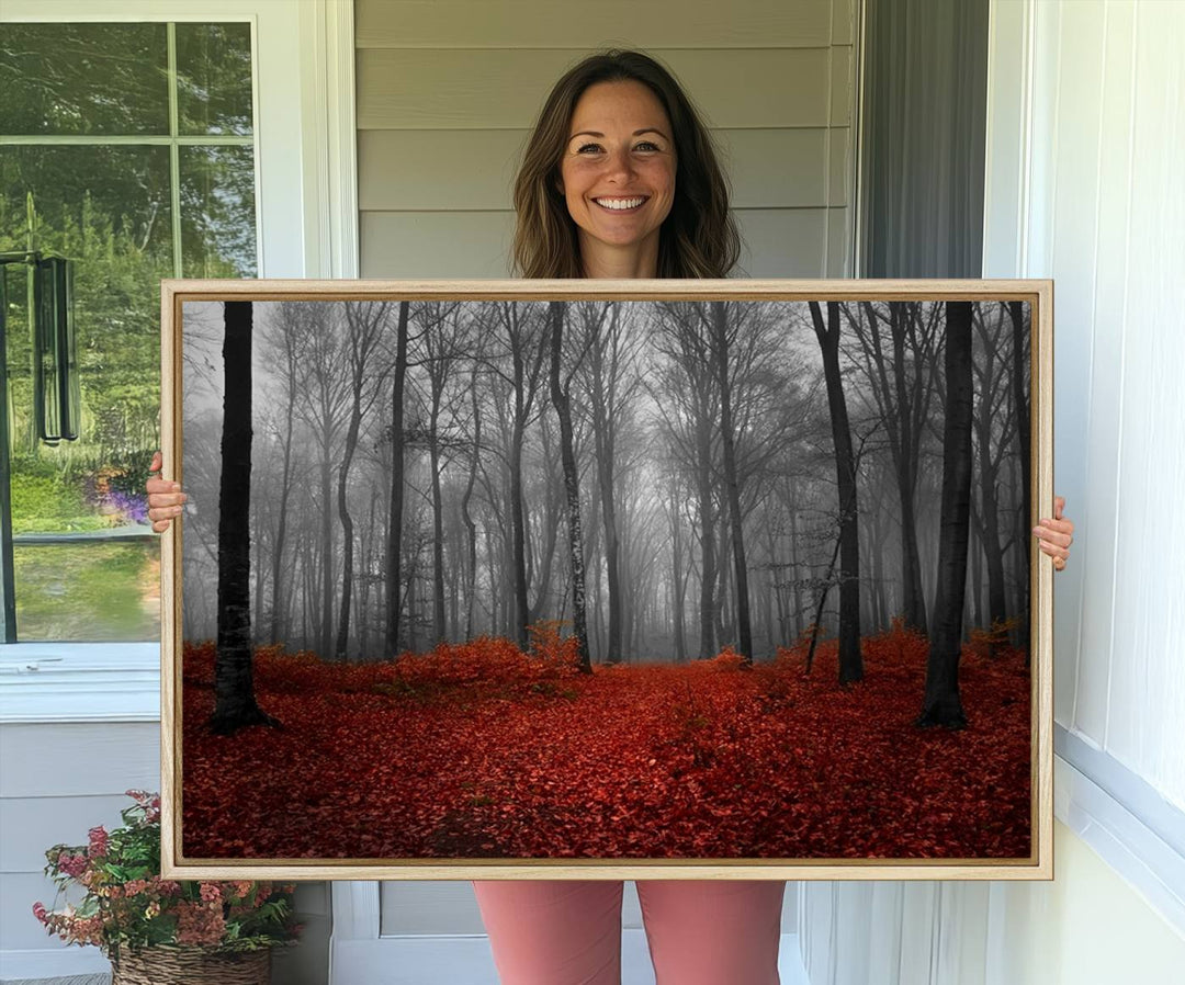 A large, museum-quality canvas print titled Wonderful Forest with Red Leaves.