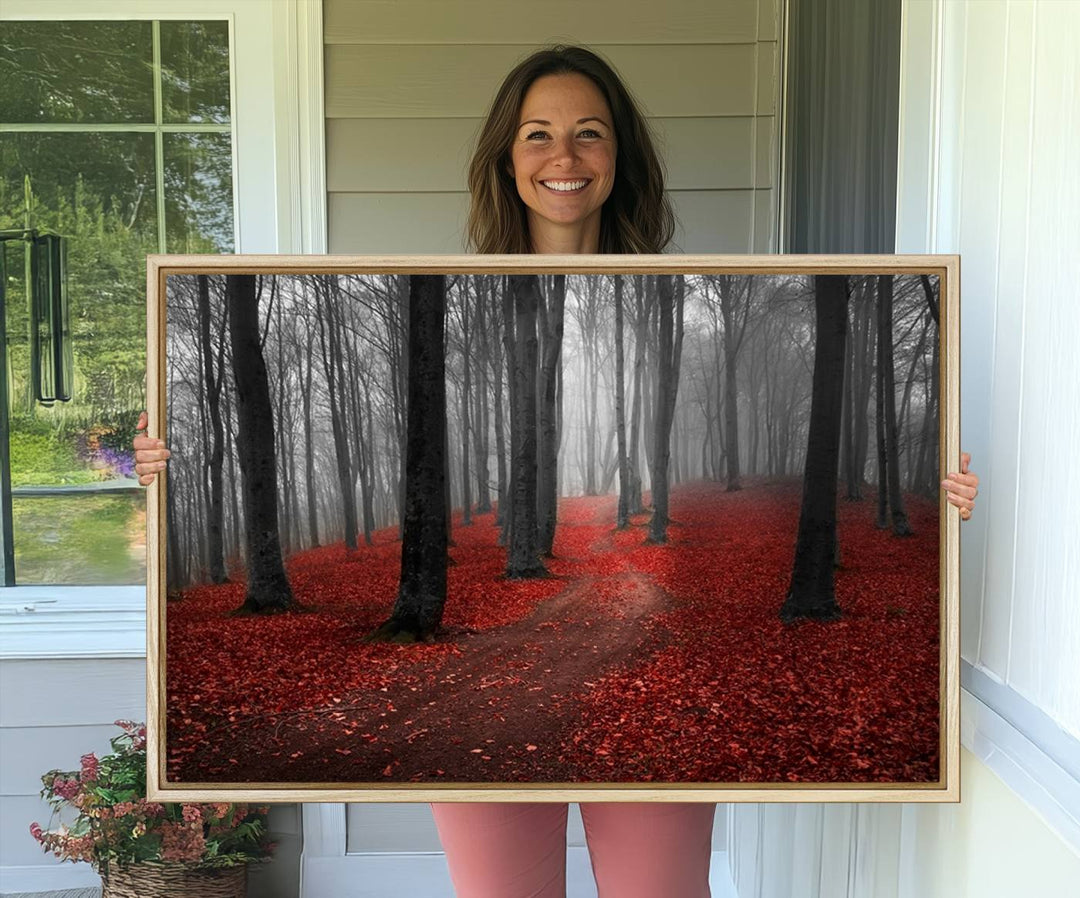 Wonderful Forest artwork: Triptych with red leaves, ideal for nature lovers.