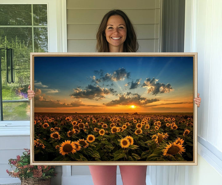 The dining area features the Sunflower Field Sunset Wall Art Canvas Print.