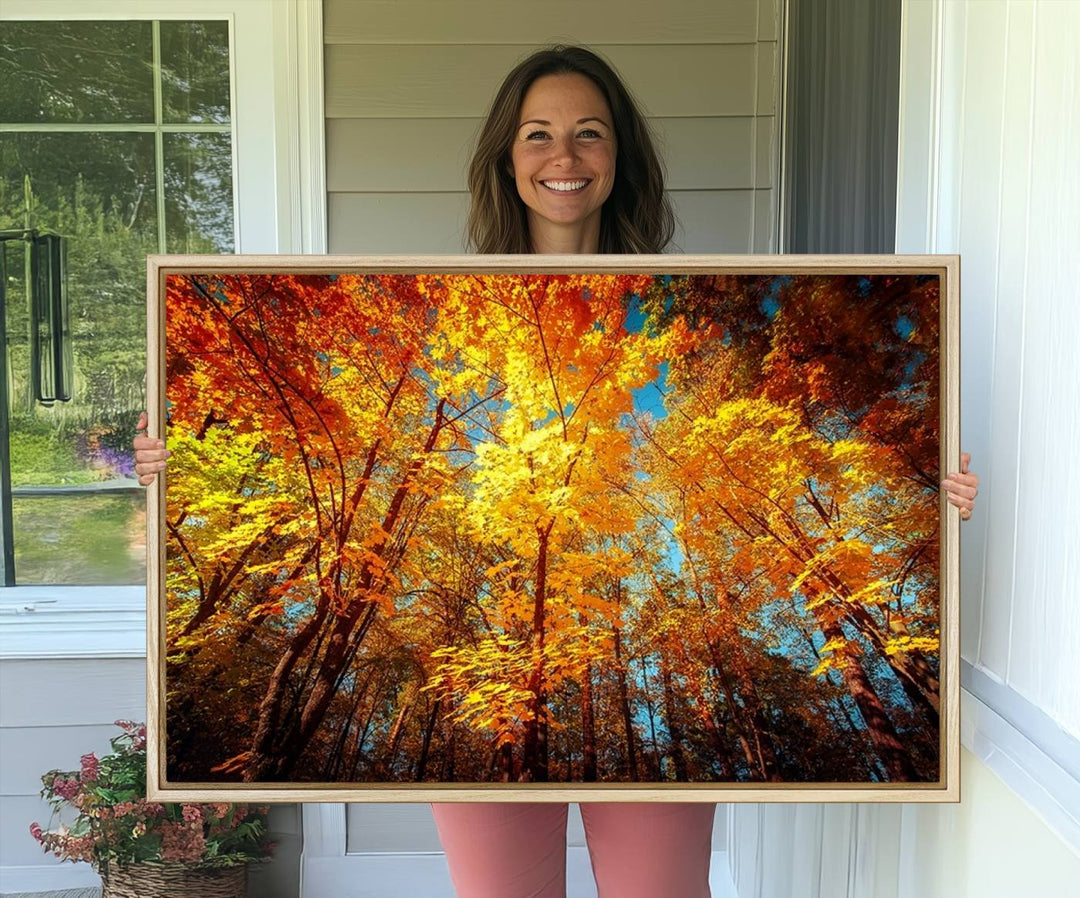 Forest View at Fall Wall Art hangs prominently, showcasing its beauty.