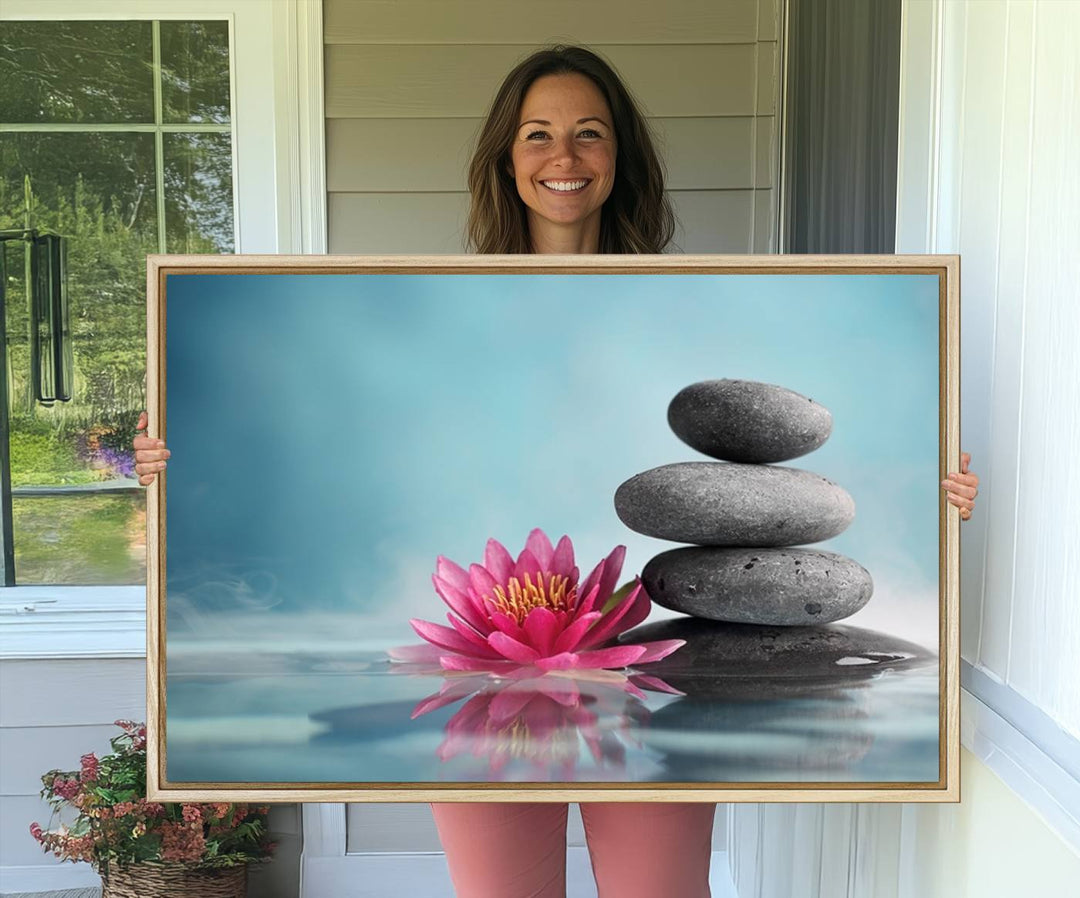 The dining room features a Zen Serenity Triptych wall art, showcasing a calming depiction of lotus flowers and balancing stones.