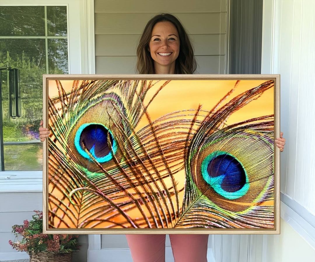 The room features vibrant peacock feather wall art.