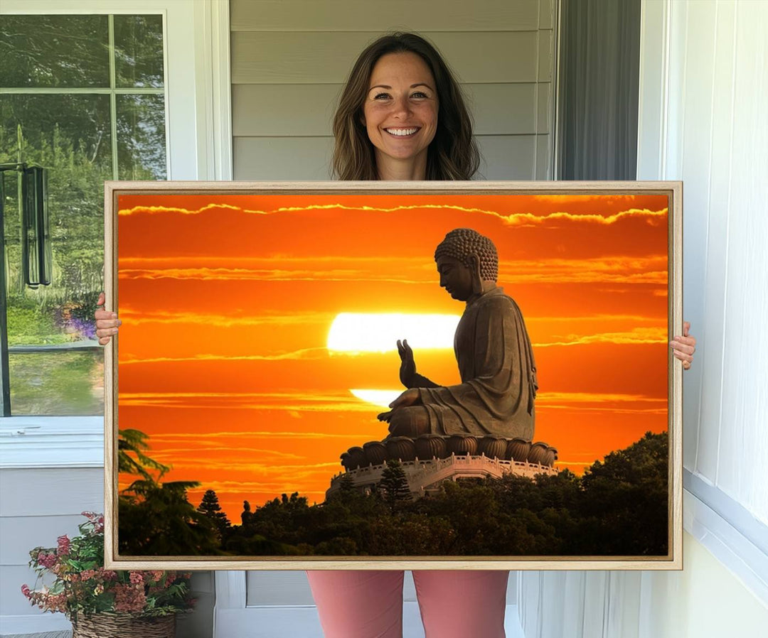 The Buddha Statue at Sunset canvas print adds serenity to the space.