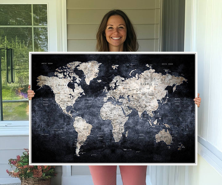 Rustic Black and Bronze World Map Canvas Triptych features white continents on a grunge-stained background.