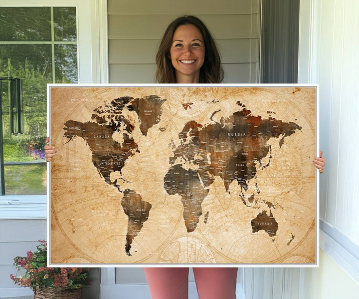 Vintage World Map Wall Art | 3 Panel Large Canvas Art | Antique World Map Canvas Print | Rustic Map Wall Art, Framed Gallery Wrapped