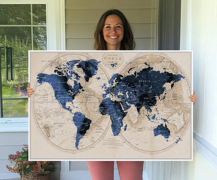 Vintage Triptych Map Print - Antique World Map Canvas Wall Art – Vintage Triptych Blue and Beige Map Print