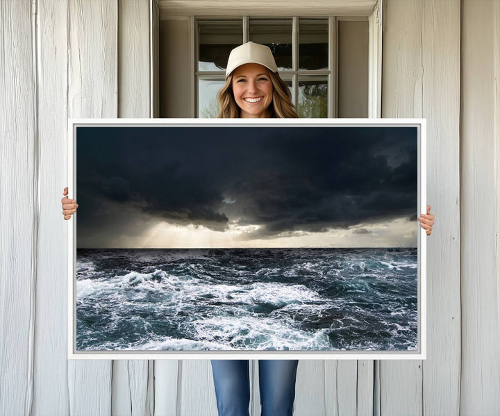 A Dark Clouds Stormy Sea canvas print, ready to hang, enhances the room.