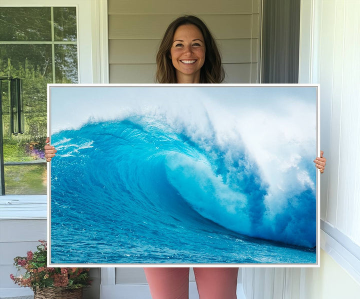 A museum-quality canvas depicting a vibrant blue ocean wave with white foam under a clear sky.