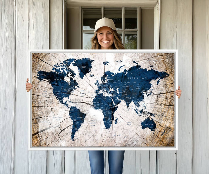 The Vintage World Map on Grunge Background Canvas serves as the focal point of the room.