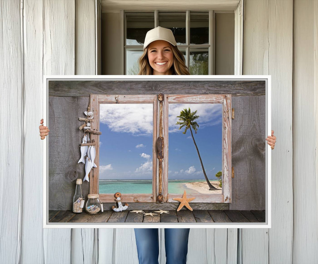 The Window Wall Art Relaxing Beach features seashells and a rustic window frame.