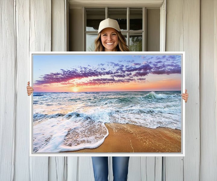 The Tropical Beach Waves Art Print, depicting an ocean sunset and sandy shore, enriches the coastal decor of the dining area.