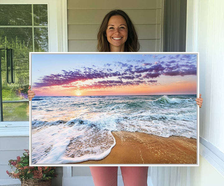 The Coastal Sunset Art Canvas Print features ocean waves beneath a vibrant sky in a stunning 3-panel seascape.