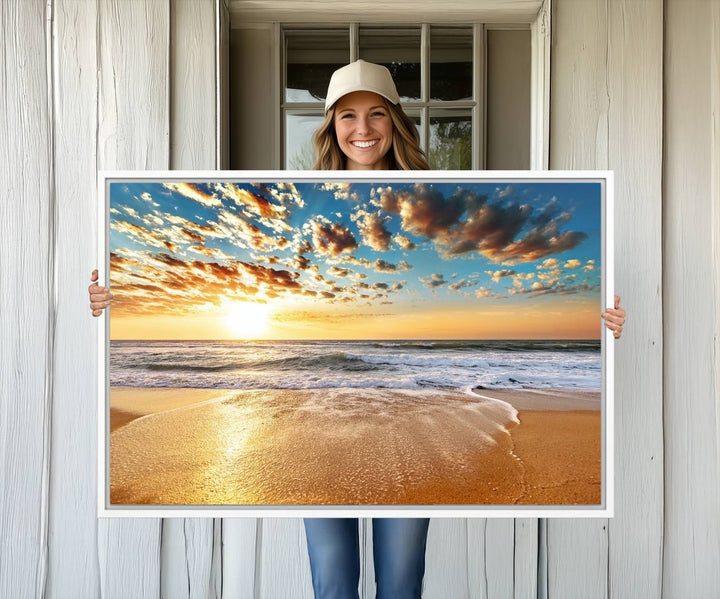 A gallery-wrapped canvas titled Soothing Sunset on Calm Beach is featured.