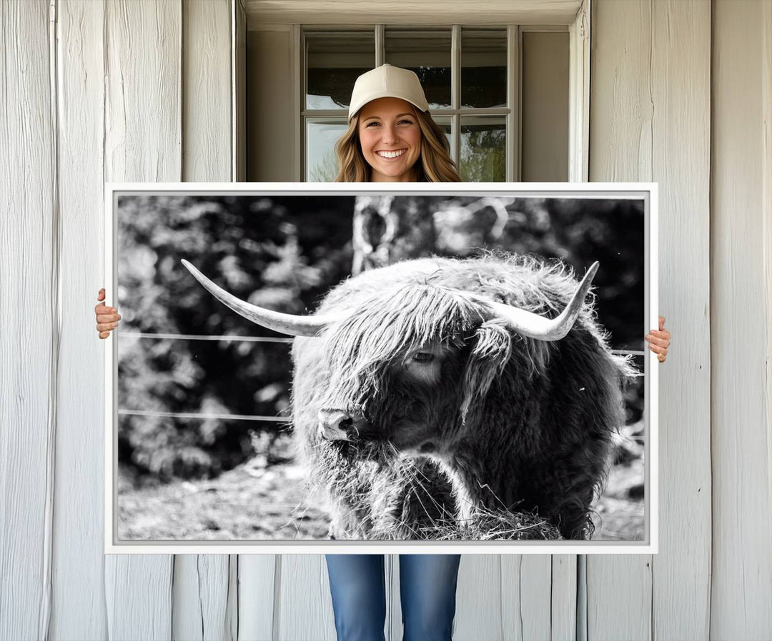 The black and white Highland Cow Canvas Wall Art adds farmhouse elegance to the space.