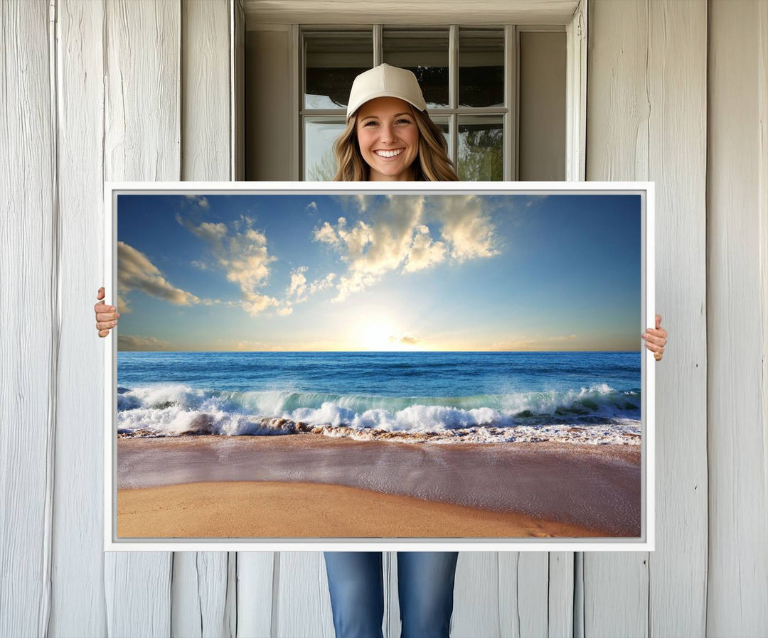 The dining room features a Coastal Tropical Beach Sunset canvas wall art.