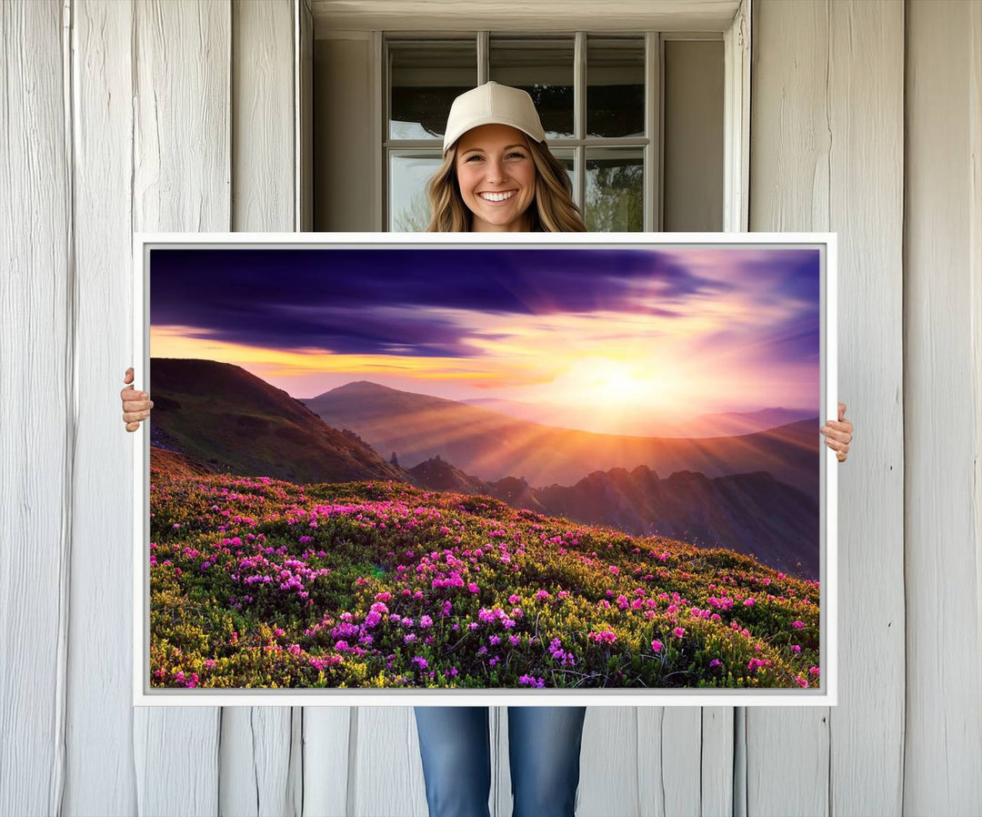 Gallery-wrapped wall art of a stunning mountain sunset and purple flowers.