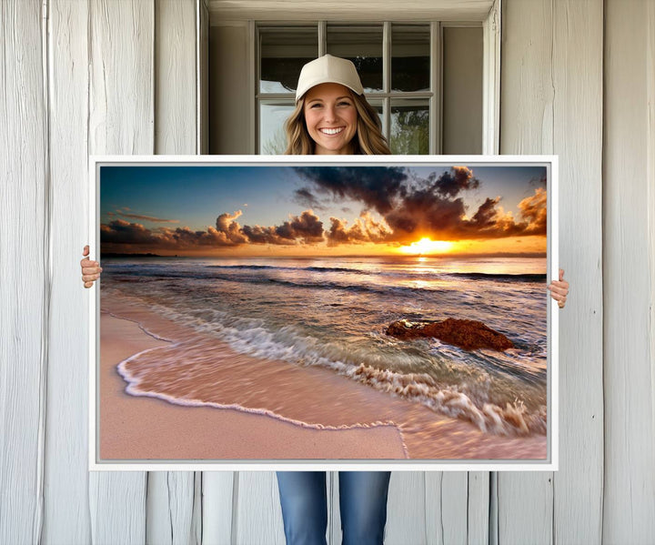 Coastal dining room decor: serene ocean waves triptych canvas.