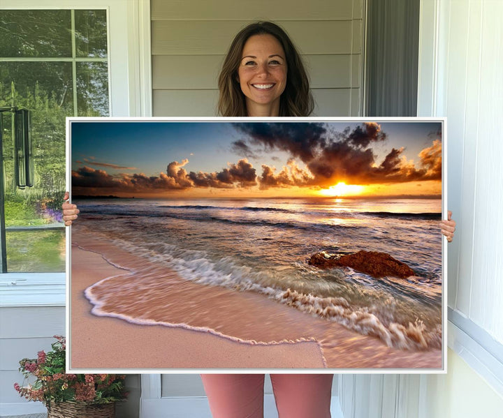 The Sunset on Ocean Wall Art Canvas Print beautifully captures a beach sunset, gentle waves, and a peaceful atmosphere.