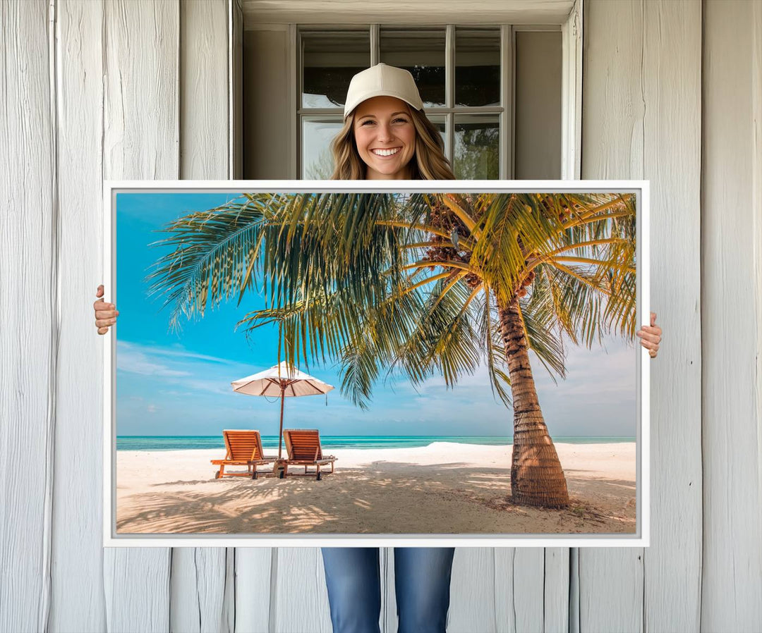 The 3-panel Tropical Beach Wall Art features palm trees and sun loungers, perfect for coastal decor.