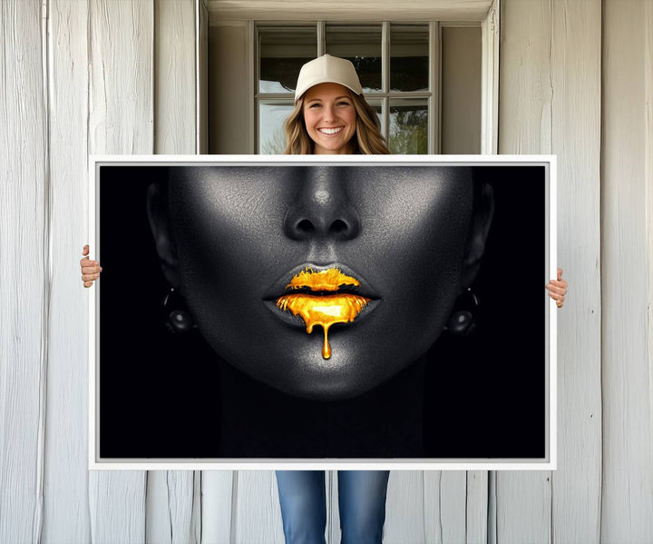 The Honey Gold Lips and Black Woman Photograph canvas print adds a striking touch to the room.