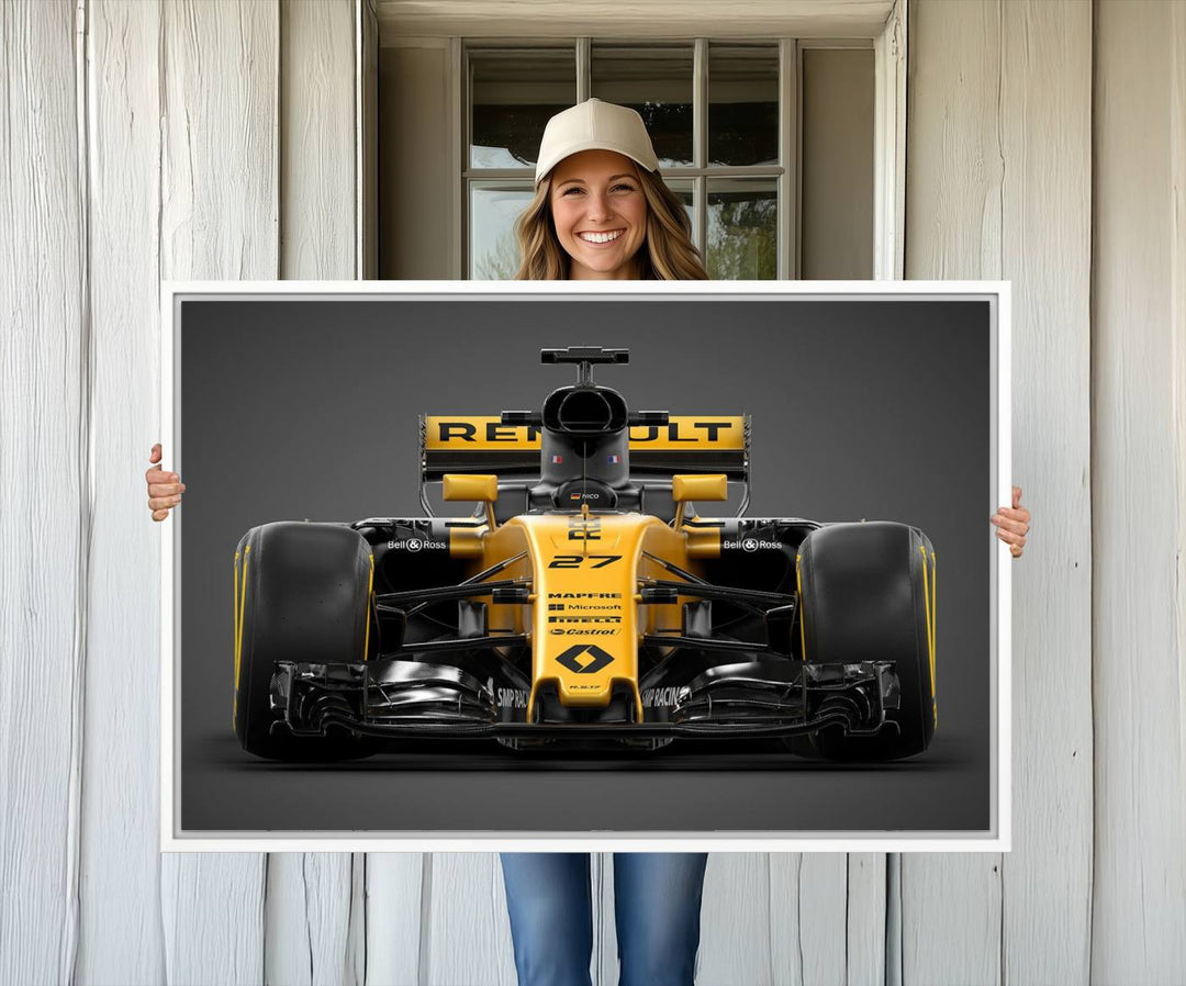 A yellow and black F1 Renault car canvas print with free shipping.