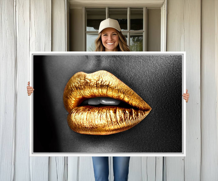 The Gold Lips Canvas Wall Art on a black background is showcased.