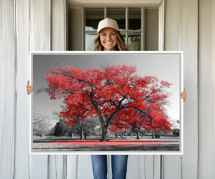 A Red Autumn Tree Canvas Wall Art Print of red leaves.