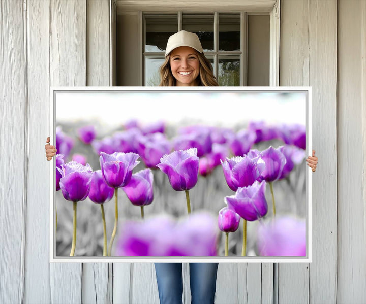 A gallery-wrapped Tulip Fields canvas wall art in a vivid purple hue.