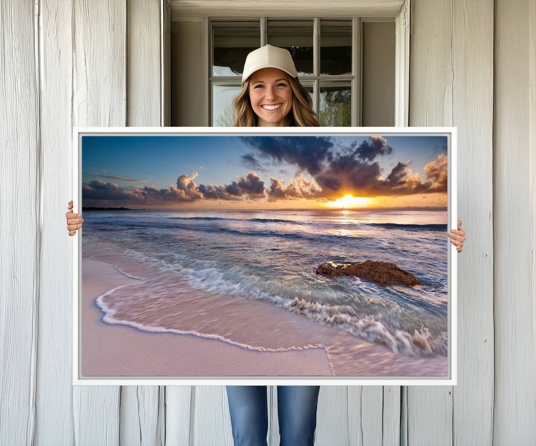 The room features a Sunset Beach Waves Canvas above the counter.