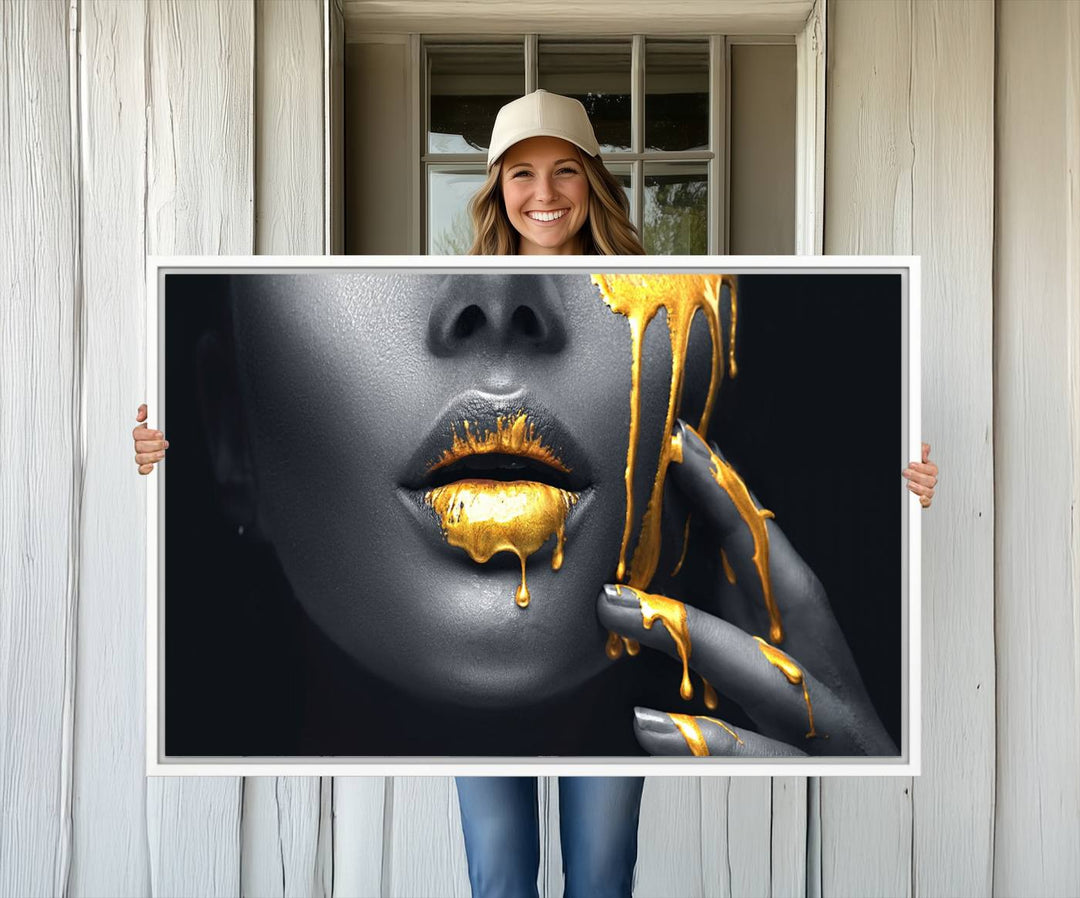 Above the dining area is the Gold Glitter Lips Fashion Makeup canvas wall art.