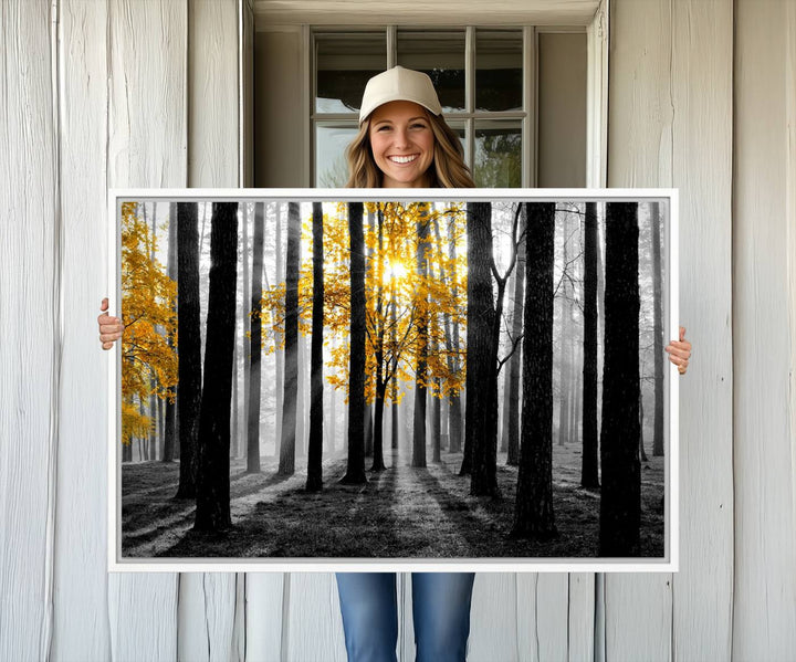 Nature Misty Foggy Autumn Forest Wall Art Print displayed above a modern dining room.