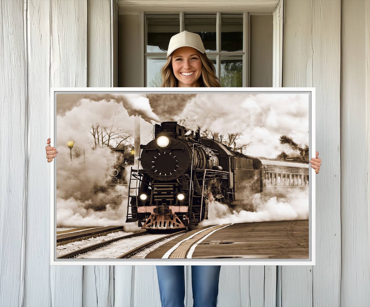 31136-MGV-CV-36X24-Black Steam Train Canvas Wall Art Print Steam Locomotive Art Canvas