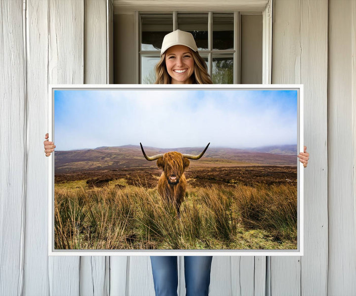 A Scottish Highland Cow art print canvas with UV-protection adorns the wall, preserving vivid details.