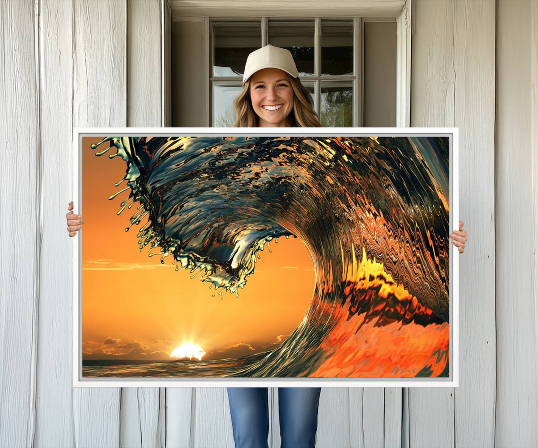 The Ocean Wave With Perfect Sunset canvas wall art adds a striking focal point to the room.