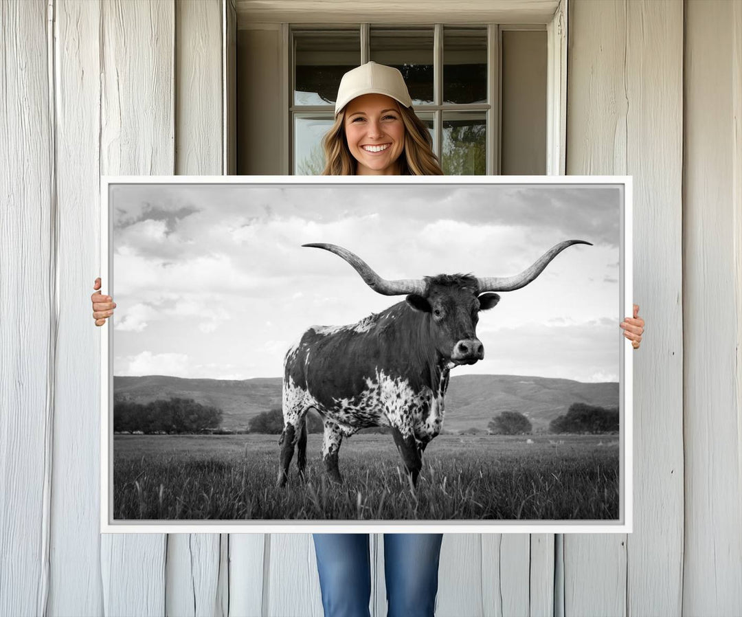 A Black and White Longhorn Texas Cow Canvas Wall Art.