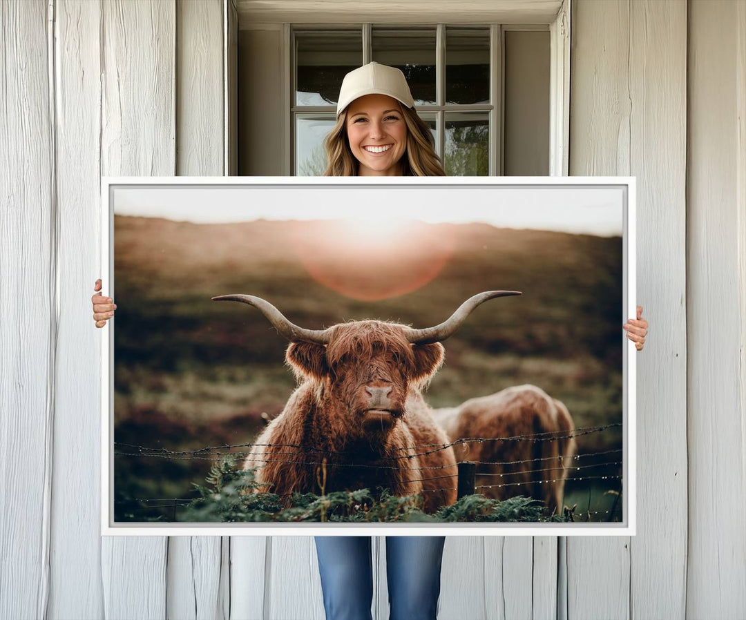 A Highland Cow Animal Canvas Wall Art, featuring a grassy field, is displayed on the wall.