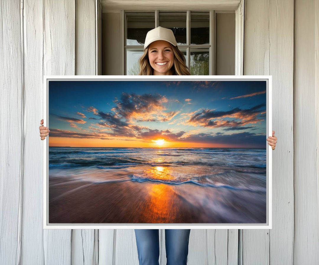 A museum-quality Beautiful Sunset over the Horizon canvas adorns the living room wall.