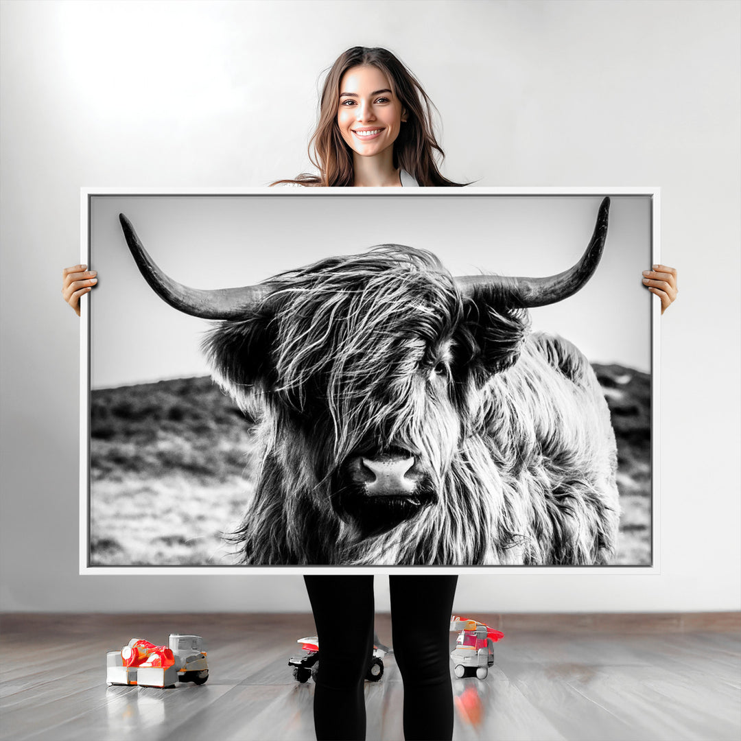 Highland Cow Wall Art | 3-Panel Black and White Highland Cow Canvas Print for Western Farmhouse Decor