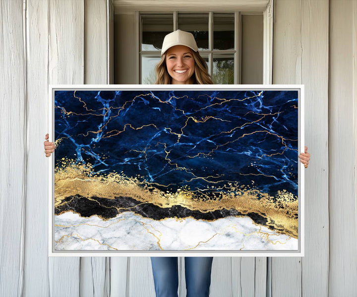 Navy Blue Marble Fluid Effect Canvas Wall Art, featuring a gold and white abstract design, adds a finishing touch to your modern kitchen decor.