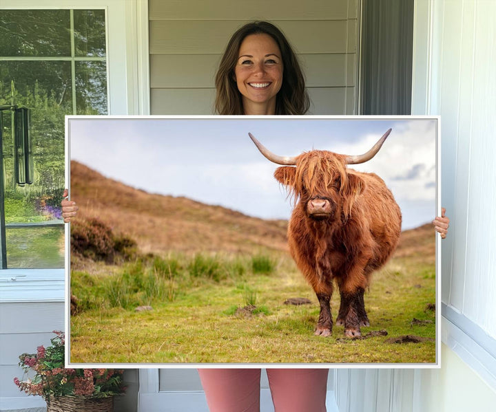 A Highland Cow Animal Canvas Wall Art hangs on the wall, adding warmth to the room.