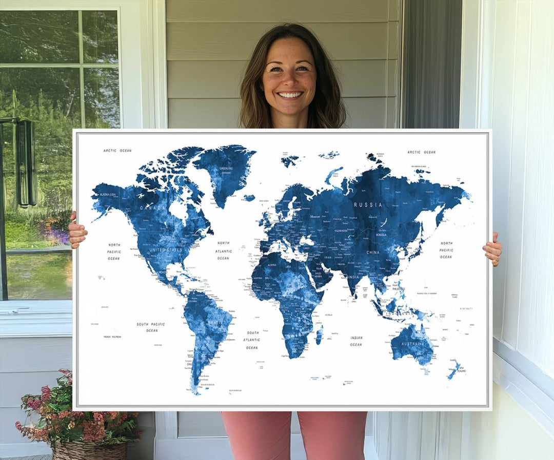 Navy Blue Wall Art World Map Canvas Print, an ideal piece for anyone seeking unique home or office decor.